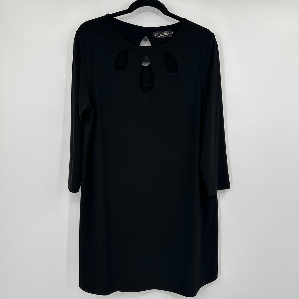 Sympli Black Dress Size 16 3/4 Sleeve Keyhole Neckline Sheath Knee Length